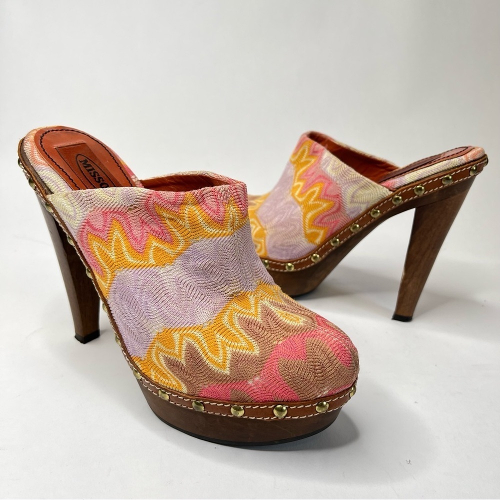 MISSONI Raschel Foglie Woven ZigZag 90s Wooden Slip-on Clogs Heels Mules